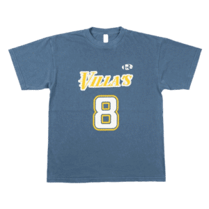 Blue Villas Tacos graphic t-shirt with number 8 design and bold lettering, LA streetwear taco brand apparel