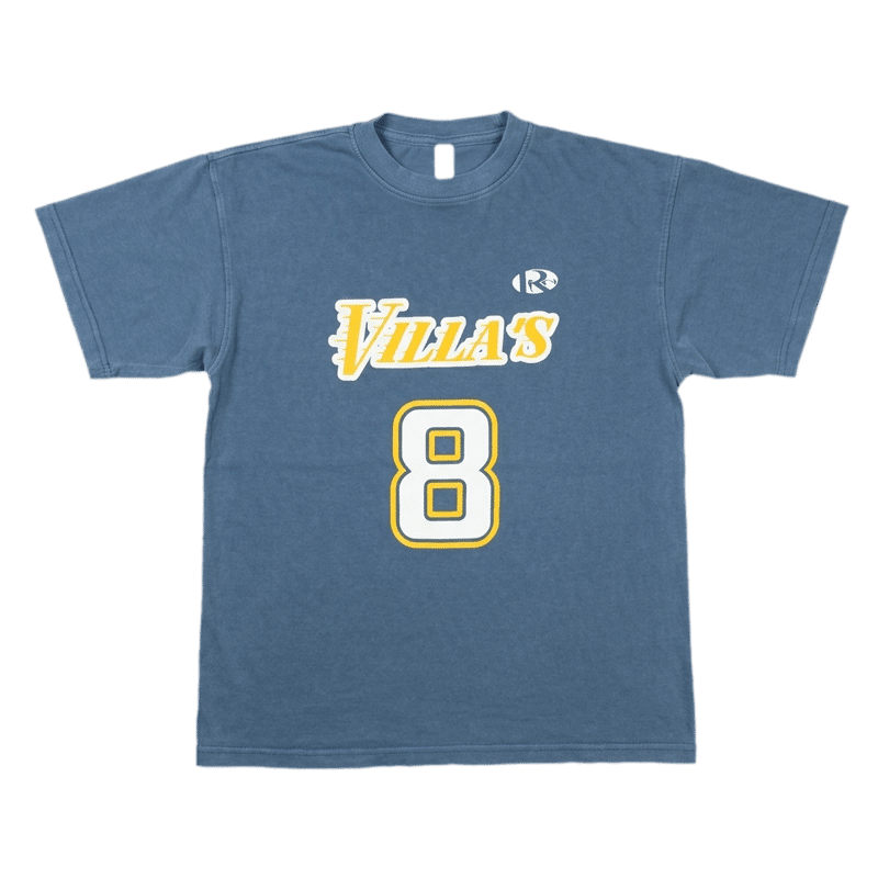 Blue Villas Tacos graphic t-shirt with number 8 design and bold lettering, LA streetwear taco brand apparel