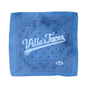 Hand-dyed bandana in rust and blue tones with refined Villa’s branding and classic square format.