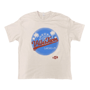 Creme Villas Tacos graphic t-shirt with blue Coachella-inspired design, featuring palm trees and ferris wheel, LA streetwear taco brand apparel