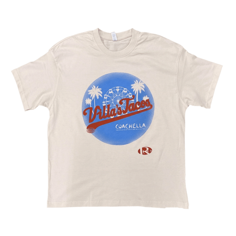 Creme Villas Tacos graphic t-shirt with blue Coachella-inspired design, featuring palm trees and ferris wheel, LA streetwear taco brand apparel