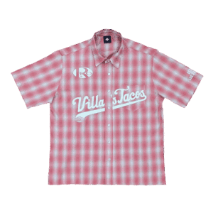 Plaid flannel button-up shirt with pearl buttons and subtle white branding, relaxed summer gathering style.