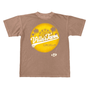 Rusted Villas Tacos graphic t-shirt with Coachella-inspired design, featuring palm trees and ferris wheel, LA streetwear taco brand apparel