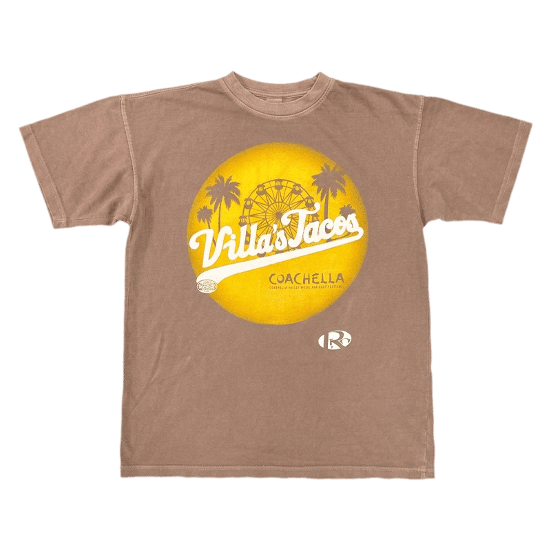 Rusted Villas Tacos graphic t-shirt with Coachella-inspired design, featuring palm trees and ferris wheel, LA streetwear taco brand apparel