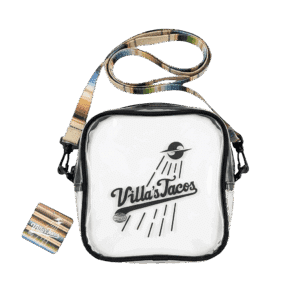 Villas Tacos crossbody bag with graphic logo design and striped strap, featuring LA streetwear style taco brand accessory