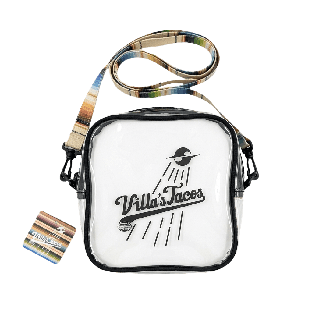 Villas Tacos crossbody bag with graphic logo design and striped strap, featuring LA streetwear style taco brand accessory